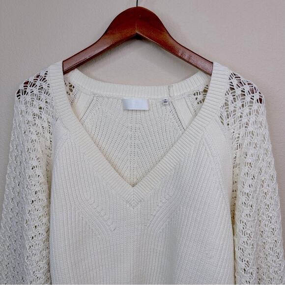 7 For All Mankind Sz M Knit Blouson Sleeve Sweater Cream Boho  Cotton Blend Soft - Picture 5 of 16